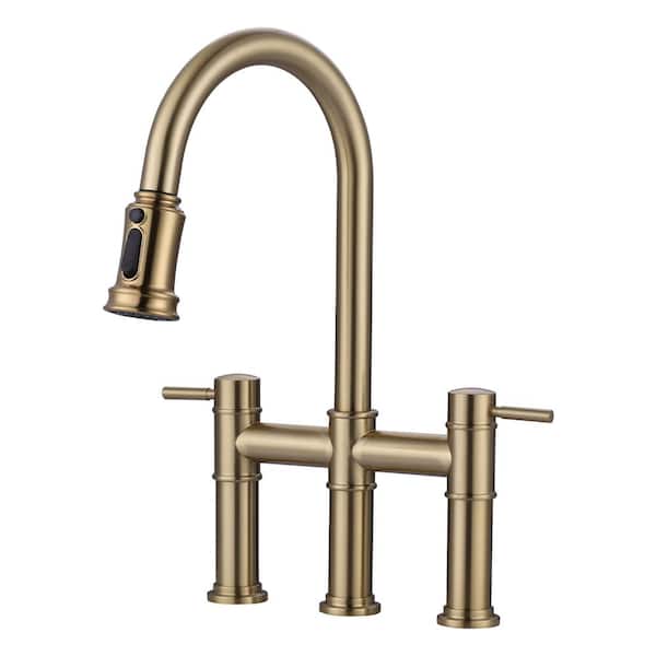 ARCORA Double Handle Pull Out Sprayer Kitchen 3 Hole Included Supply Lines in Brushed Gold