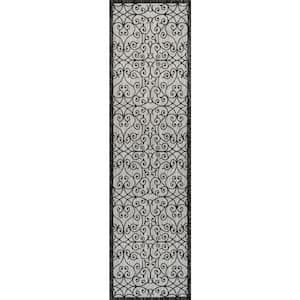 Madrid Vintage Filigree Textured Weave Gray/Black 2 ft. x 10 ft. Indoor/Outdoor Area Rug