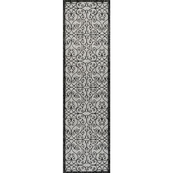 Madrid Vintage Filigree Textured Weave Gray/Black 2 ft. x 10 ft. Indoor/Outdoor Area Rug