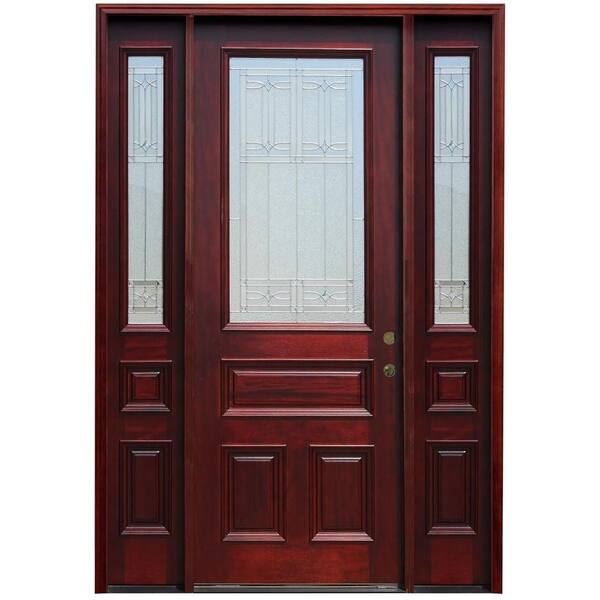 Pacific Entries 64 in. x 96 in. Traditional 3/4 Lite Stained Mahogany Wood Prehung Front Door with 12 in. Sidelites