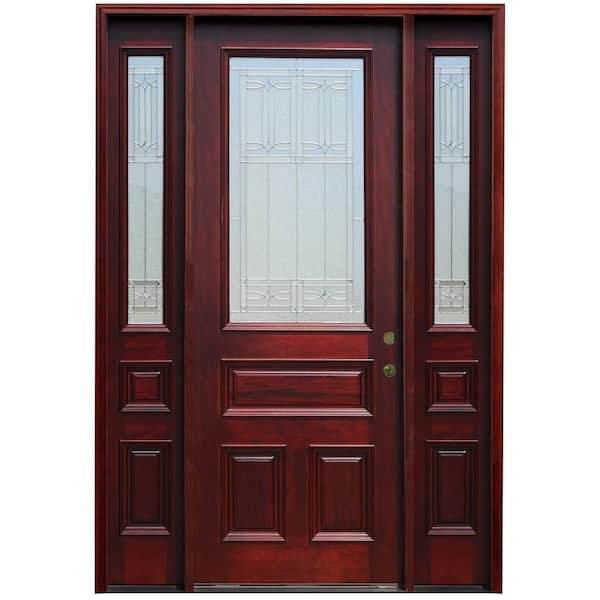 Pacific Entries 70 in. x 96 in. Traditional 3/4 Lite Stained Mahogany Wood Prehung Front Door w/ 14 in. Sidelites & 8 ft. Height Series