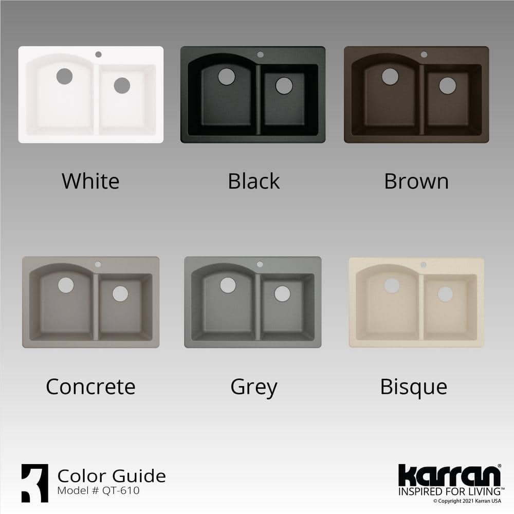 White Quartz Composite Double Bowl Kitchen Sink, 33" x 22"