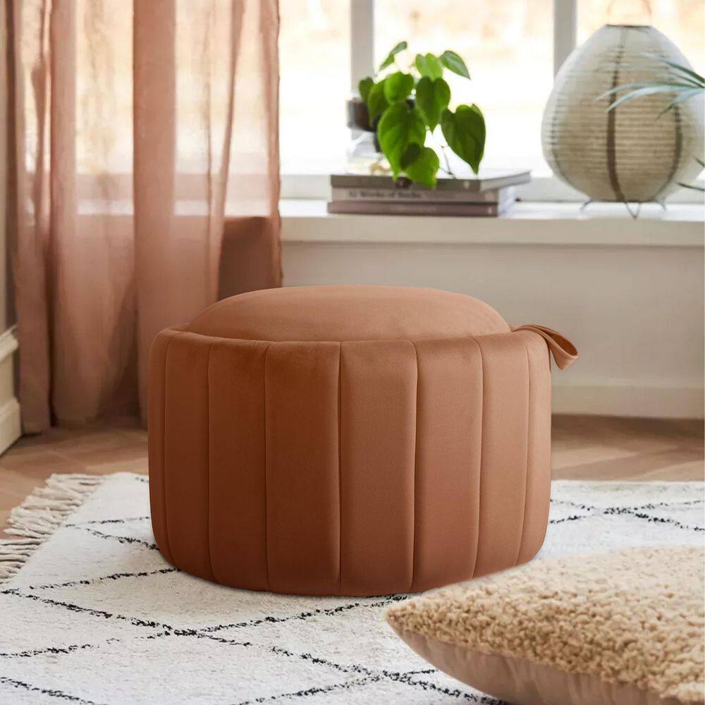 Modern Orange Velvet Round Accent Storage Ottoman (Set-1)