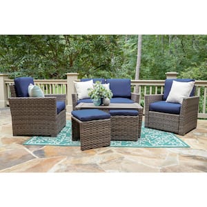 Newton 6-Piece Wicker Patio Conversation Set with Navy Polyester Cushions