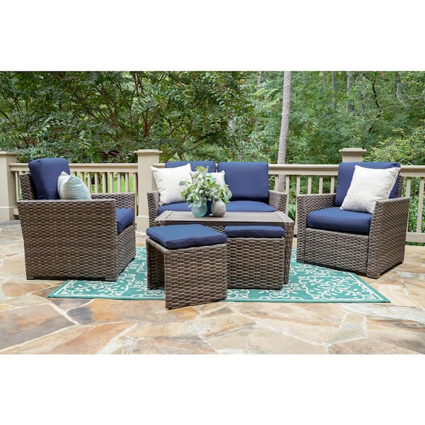Leisure Made Newton 6-Piece Wicker Patio Conversation Set with Navy Polyester Cushions