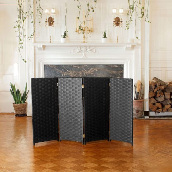 Oriental Furniture 3 ft. Short Woven Fiber Folding Screen - 4 Panel - Black