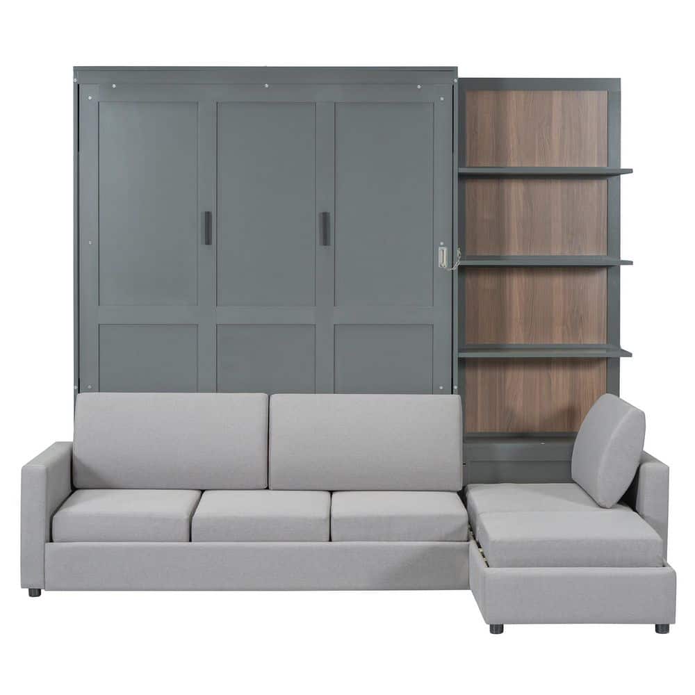 Gray Wood Frame Queen Size Murphy Bed Wall Bed with Sofa and Shelves - thumbnail 5