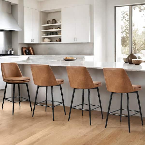 27 in. Cecily Cognac Brown High Back Metal Swivel Counter Stool with Faux Leather Seat (Set of 3)