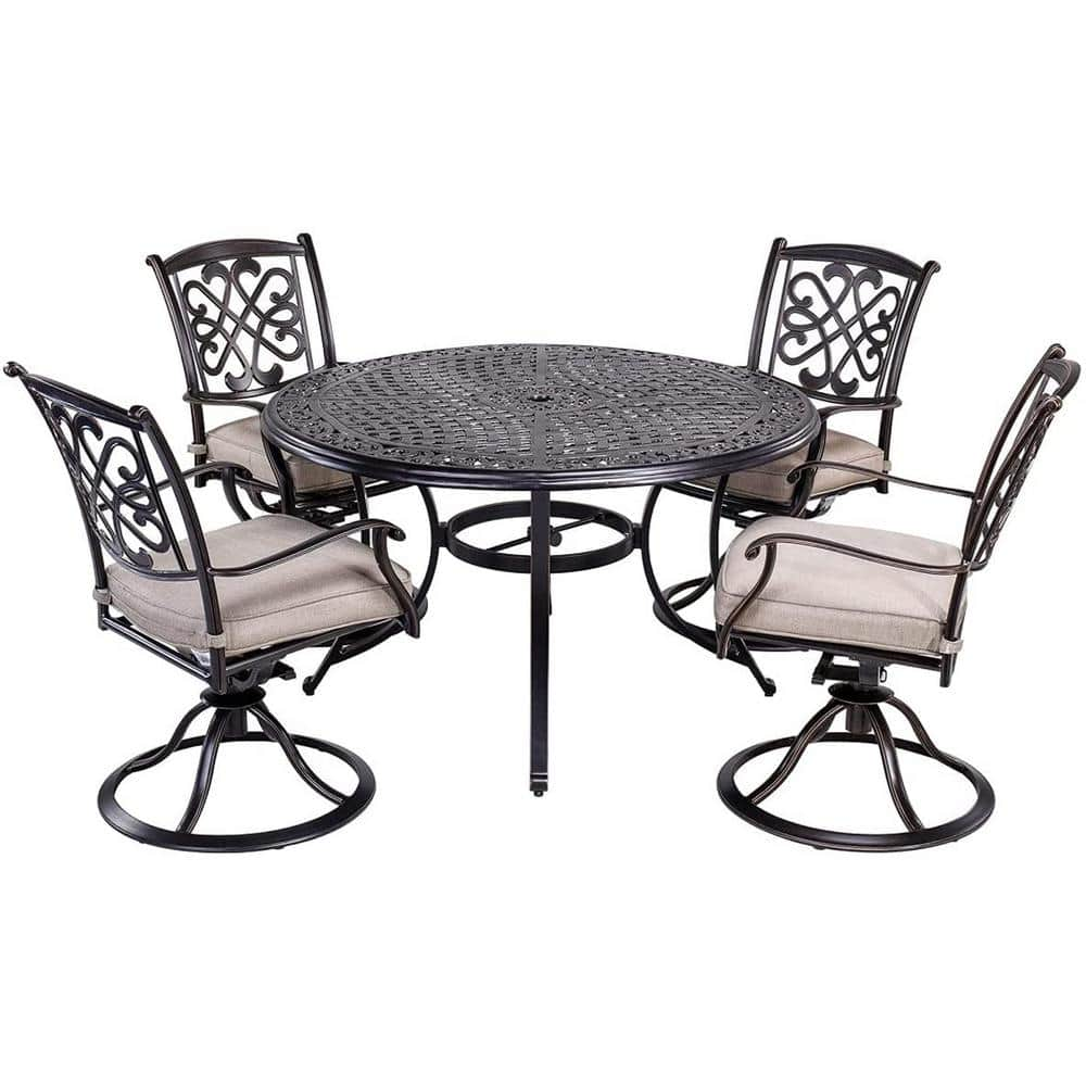 Reid Dark Gold 5-Piece Cast Aluminum Round 28 in. H Outdoor Dining Set with Beige Cushion, Umbrella Hole for Gazebo -  Mondawe, MD-450-990