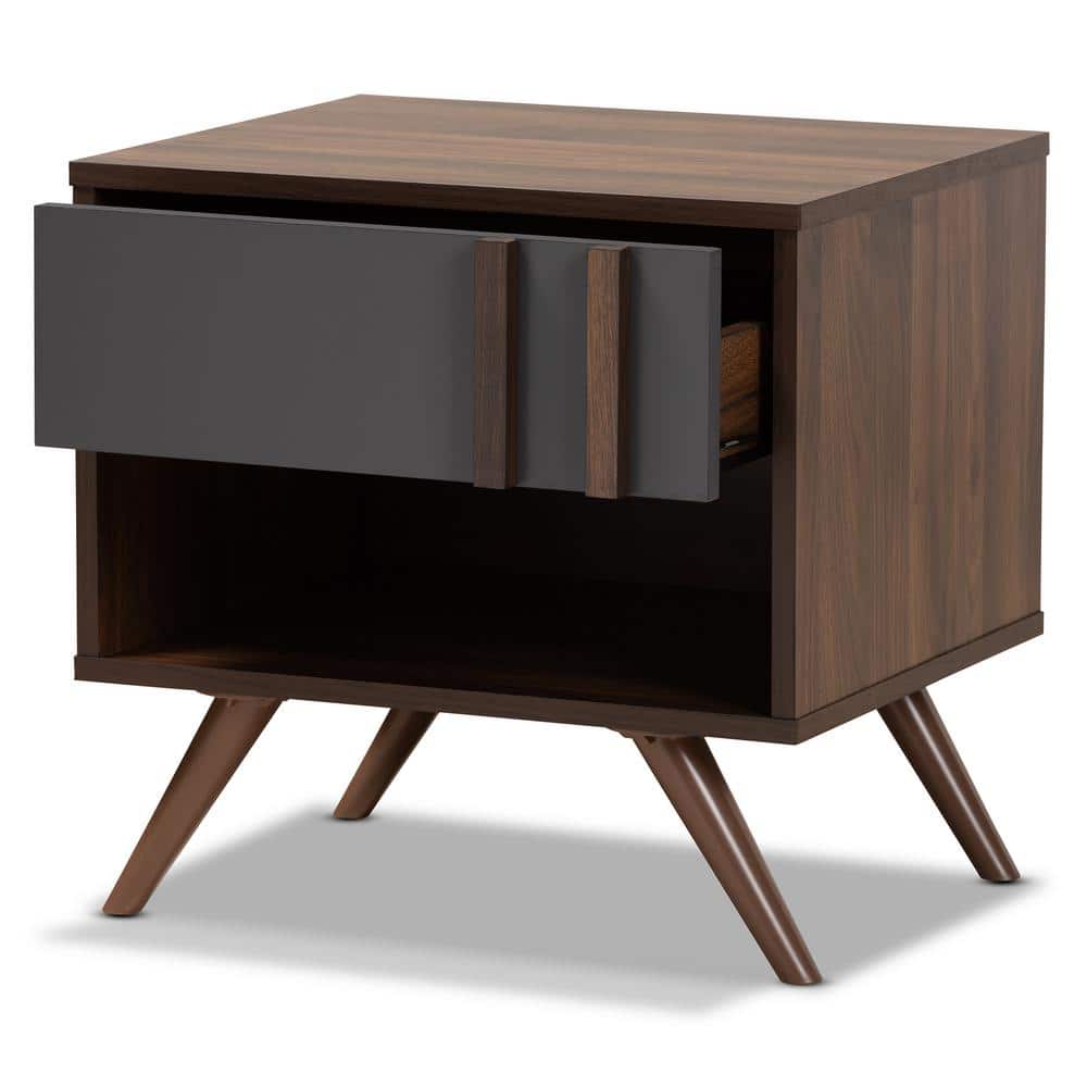 Naoki Two-Tone Gray and Walnut Wood Nightstand with Drawer
