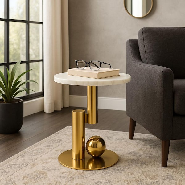 18 in. White Round Marble Top Quartz Sculptural Base End Table
