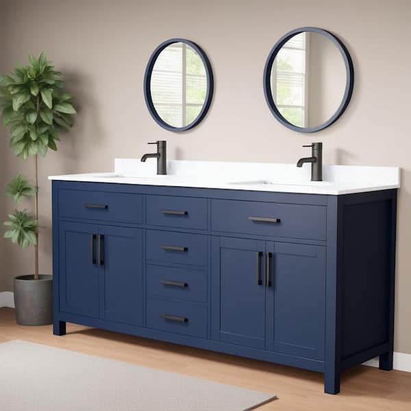 Wyndham Collection Beckett 72 in. W x 22 in. D x 35 in. H Double Sink Bathroom Vanity in Dark Blue with Carrara Cultured Marble Top