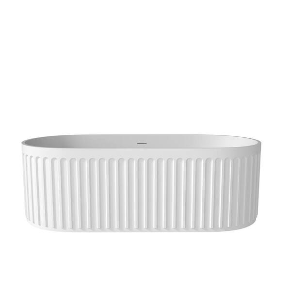 VANITYFUS 67 in. Stone Resin Flatbottom Solid Surface Striped Freestanding Soaking Bathtub in White with Brass Drain