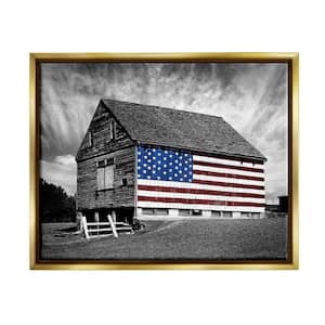 Black and White Farmhouse Barn American Flag by James McLoughlin Floater Frame Country Wall Art Print 21 in. x 17 in.