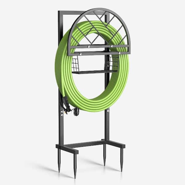 Garden Hose Holder with Storage Basket, Heavy Duty Freestanding Hose Stand Holds Up to 165 ft Hose, Outdoor Water Hose H
