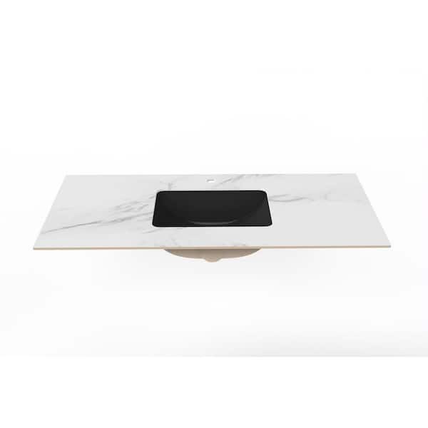 castellousa Cassandra 48 in. W x 22 in. D Porcelain Vanity Top in White Marble Finish with Black Sink Basin