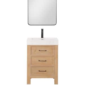 León 24 in.W x 22 in.D x 34 in.H Single Sink Bath Vanity in Fir Wood Brown with White Composite Stone Top and Mirror
