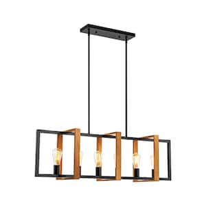 Mason 6-Light Matte Black with Oak Shelf Farmhouse Kitchen Island Pendant Light with Upward Light Base