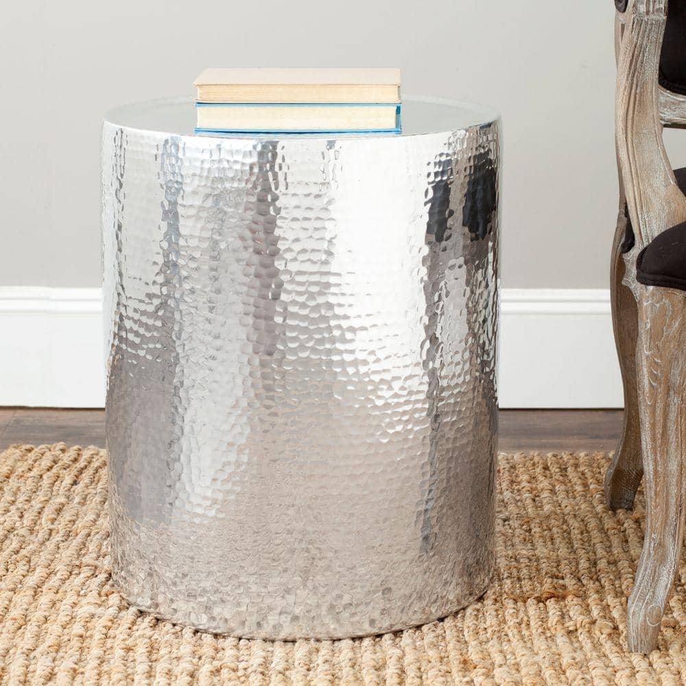 Polished Silver Hammered Metal Round Accent Table