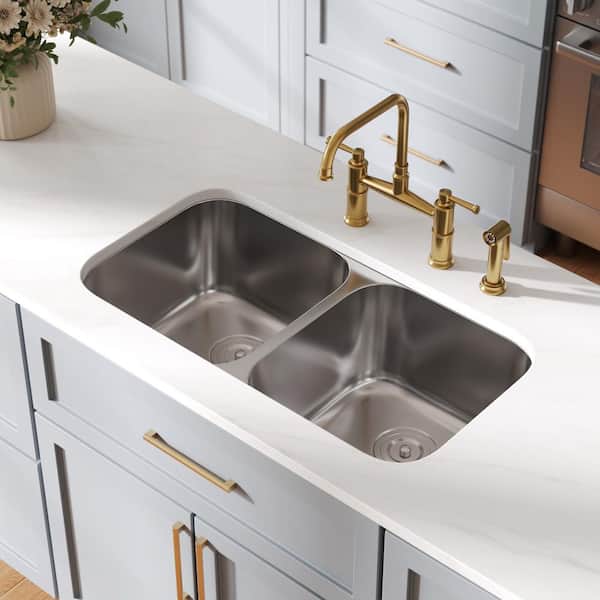 32 in. Undermount Double Bowl 18-Gauge Silver Stainless Steel Kitchen Sink with Basket Strainer