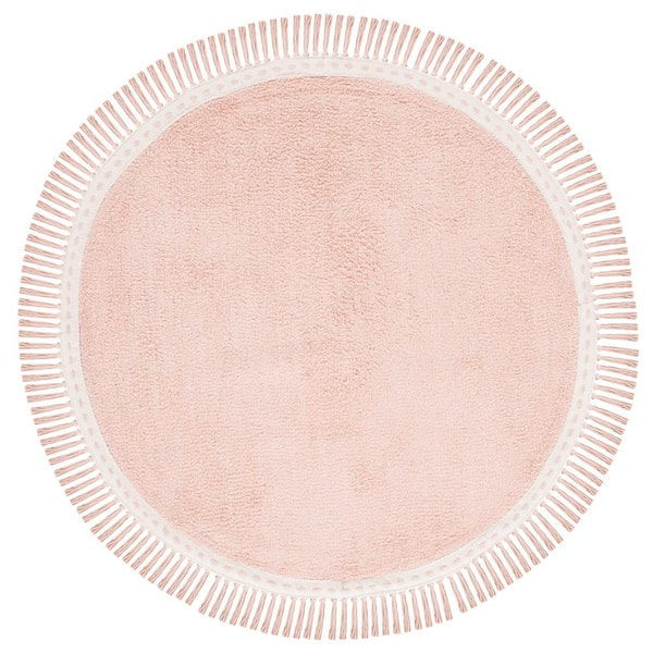 Easy Care Pink/Ivory 3 ft. x 3 ft. Machine Washable Solid Fringe Border Round Area Rug