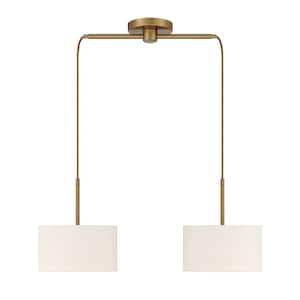 29 in. W x 14.5 in. H 2-Light Natural Brass Linear Chandelier with White Fabric Drum Shades