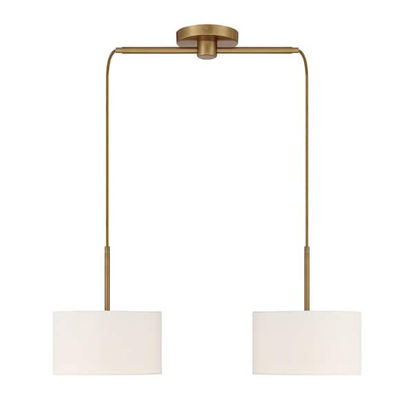 Savoy House 29 in. W x 14.5 in. H 2-Light Natural Brass Linear Chandelier with White Fabric Drum Shades