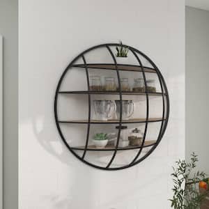 36 in. H x 36 in. W Black 4-Tier Round Metal and Wood Decorative Wall Shelf