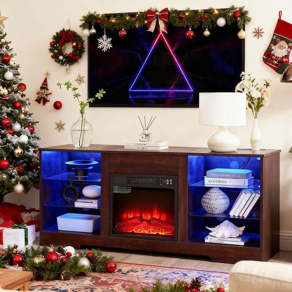 58 in. Freestanding Wood TV Stand Electric Fireplace Glass Shelves with LED Lights and USB Charging Outlet in Brown