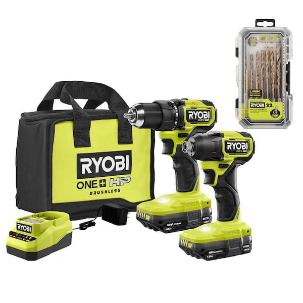 ONE+ HP 18V Brushless Cordless Compact 2-Tool Combo Kit w/(2) Batteries, Charger, Bag & Titanium Drill Bit Set (22PC)