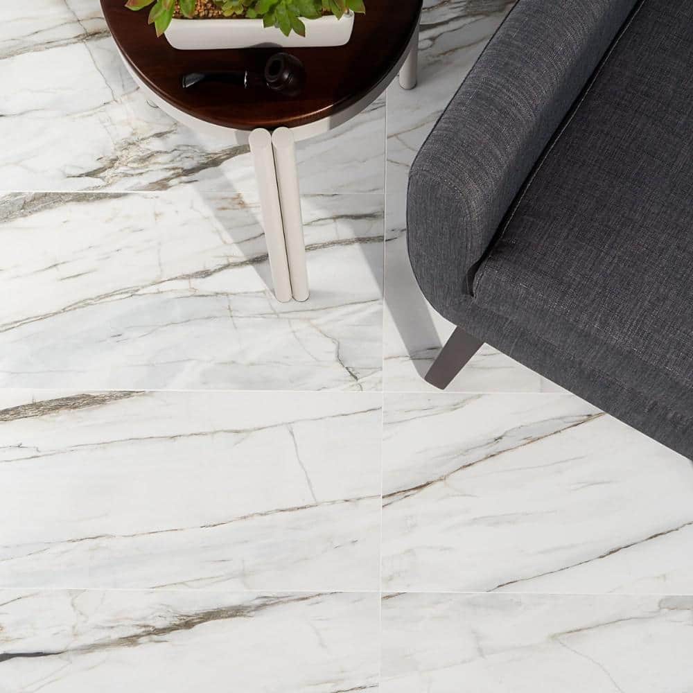 Enigma 24" Rectangular Matte White Porcelain Marble Look Tile
