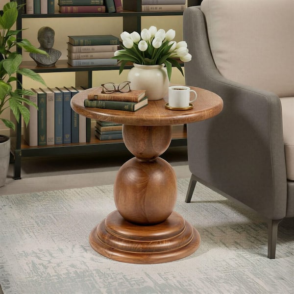 Kennedy 18 in. Walnut Finish Round Mango Wood Bulbed Pedestal End Table