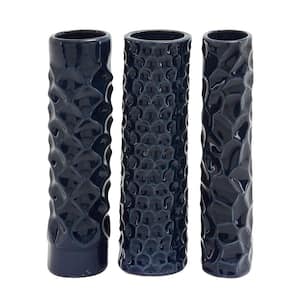 3 in., 12 in. Dark Blue Ceramic Decorative Vase with Varying Patterns (Set of 3)