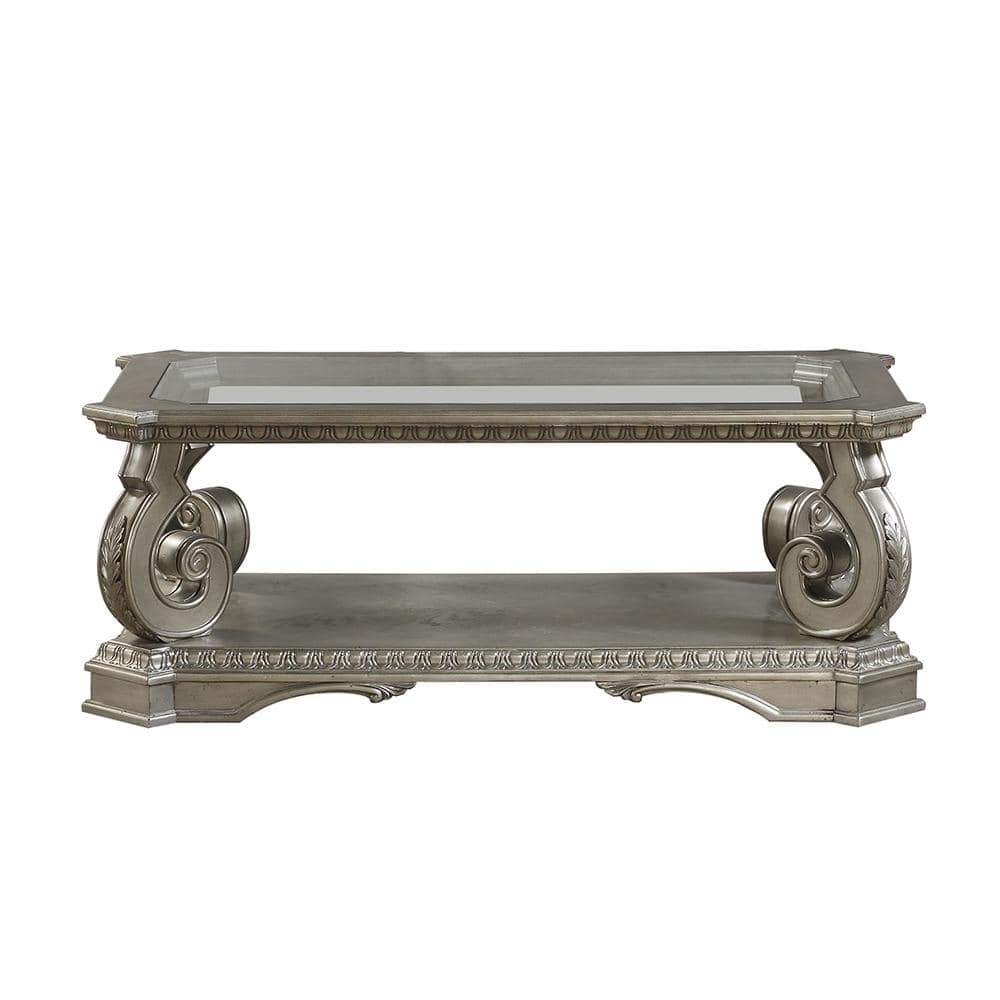 Silver Rectangular Wood and Glass Coffee Table with Storage