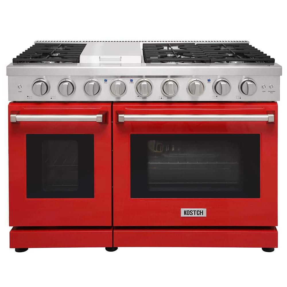 Propane-48 in. 6.8 cu. ft. 6 Burners Freestanding Double Oven Gas Range in Stainless Steel w/ Griddle & Red Oven Door price history on PriceWatchPro