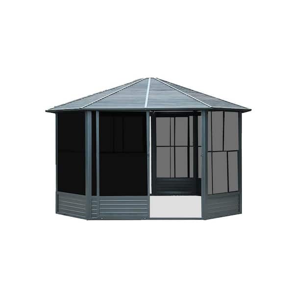 13 ft. x 13 ft. Outdoor Dark Gray Aluminum Sunroom Octagonal Solarium Gazebo with Lockable Sliding Door