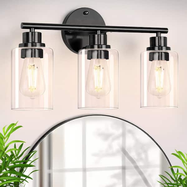 YANSUN 15.7 in. 3-Light Matte Black Cylinder Modern Bathroom Vanity Light with Clear Glass Shade, Wall Lamp for Mirror Kitchen
