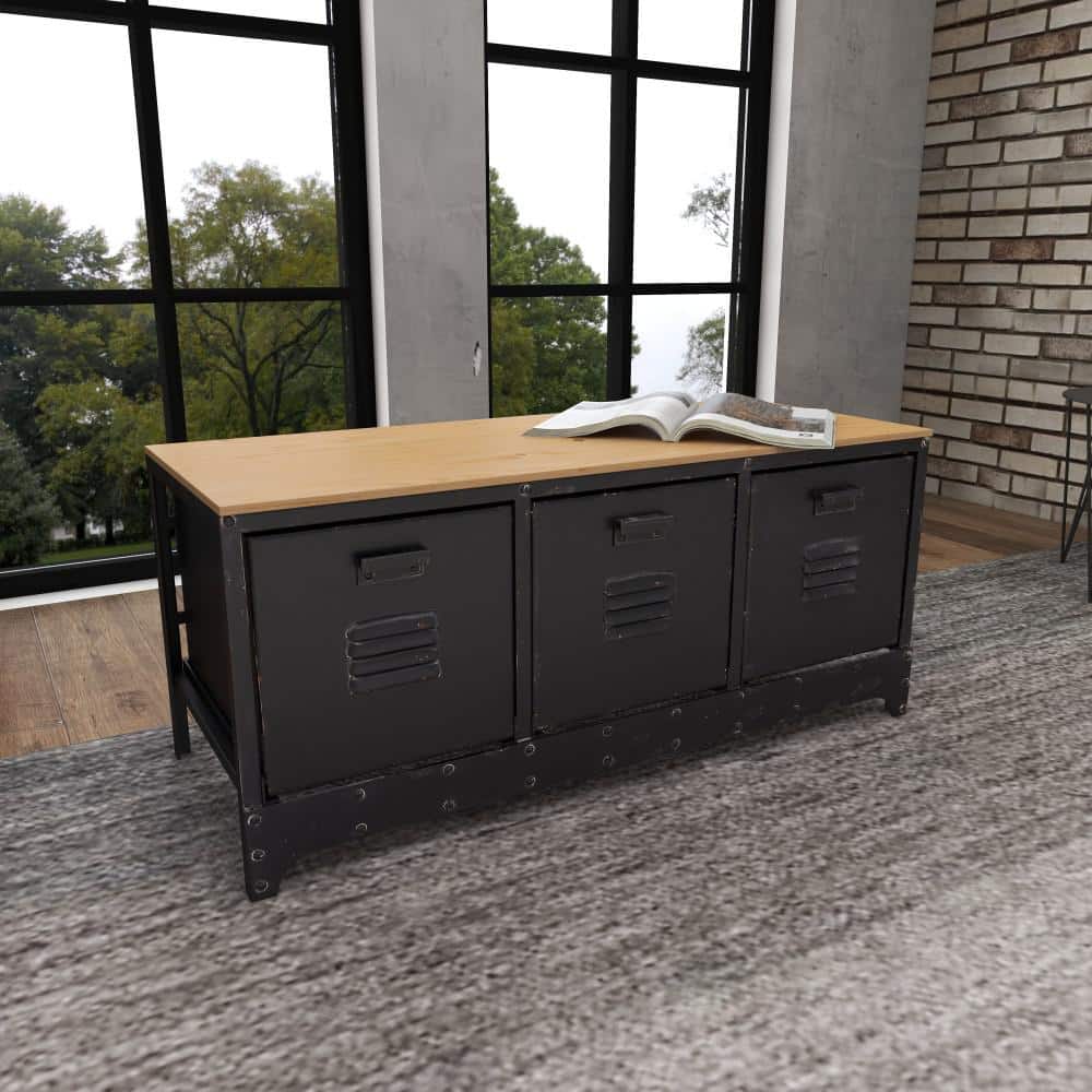 Industrial Charm Black and Cocoa Brown Storage Bench with 3 Drawers