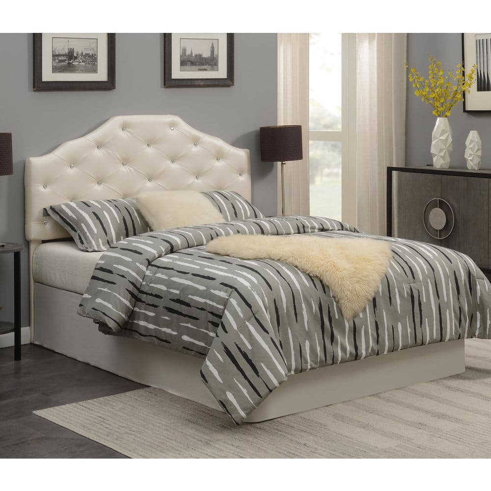 Pearl Faux Leather Tufted Queen Headboard with Crystal Buttons
