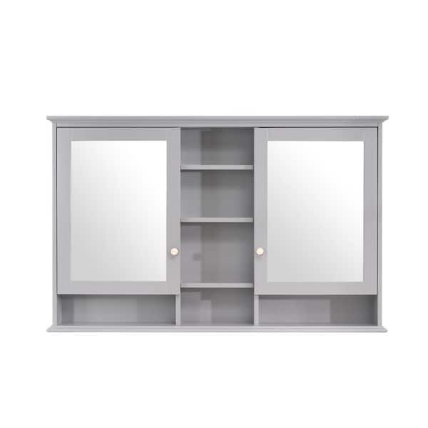 55 in. W x 35 in. H Rectangular Titainum Gray Wood Surface Mount Medicine Cabinet with Mirror, Double Soft Close Doors