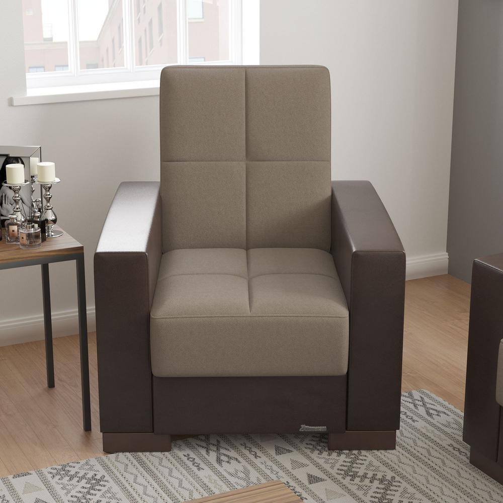 Sand and Brown Chenille Upholstered Accent Chair with Storage