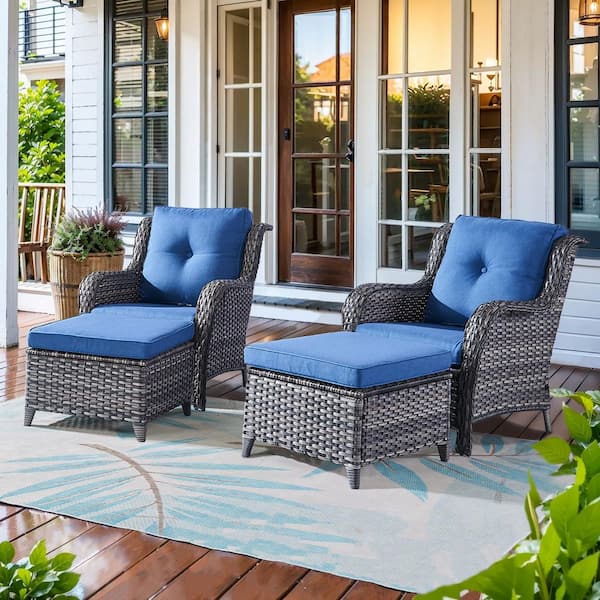 ArcoBay 4-Piece Gray Wicker Outdoor Lounge Chairs Patio Armchairs with Navy Blue Cushions and Ottomans