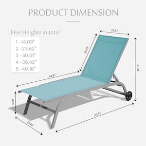 Aluminum 2-Piece Adjustable Outdoor Chaise Lounge in Lake Blue Seat with 2 Wheels for Beach Sunbathing Lounger
