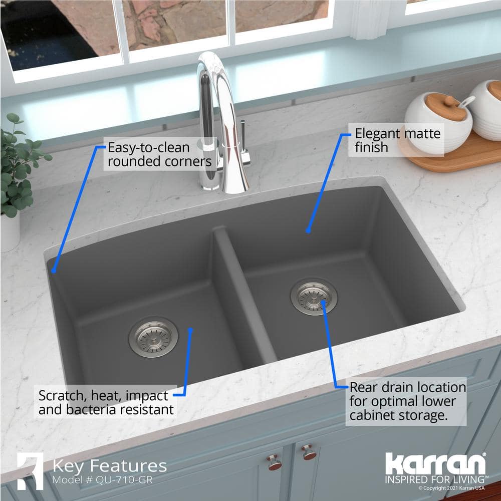 Gray Quartz Double Bowl Undermount Kitchen Sink Kit