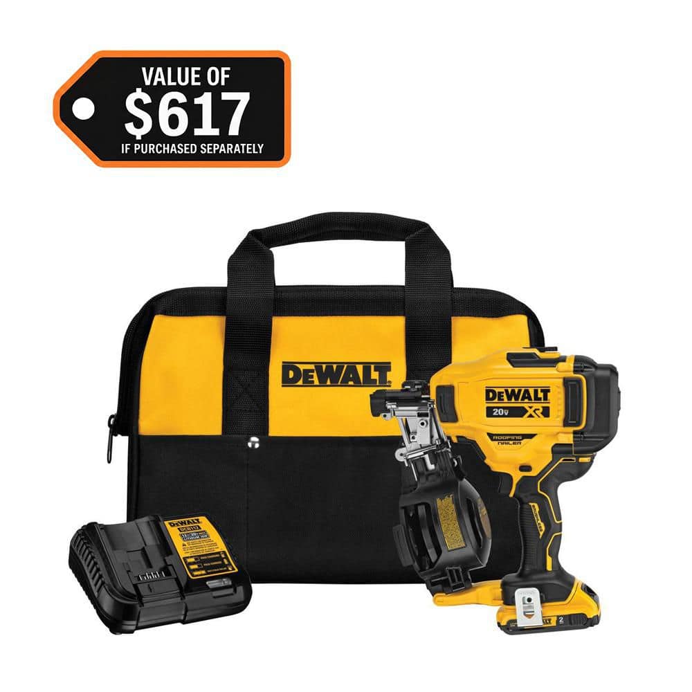 DEWALT 20V MAX Lithium-Ion 15-Degree Electric Cordless Roofing Nailer Kit with 2.0Ah Battery Charger and Bag (DCN45RND1)
