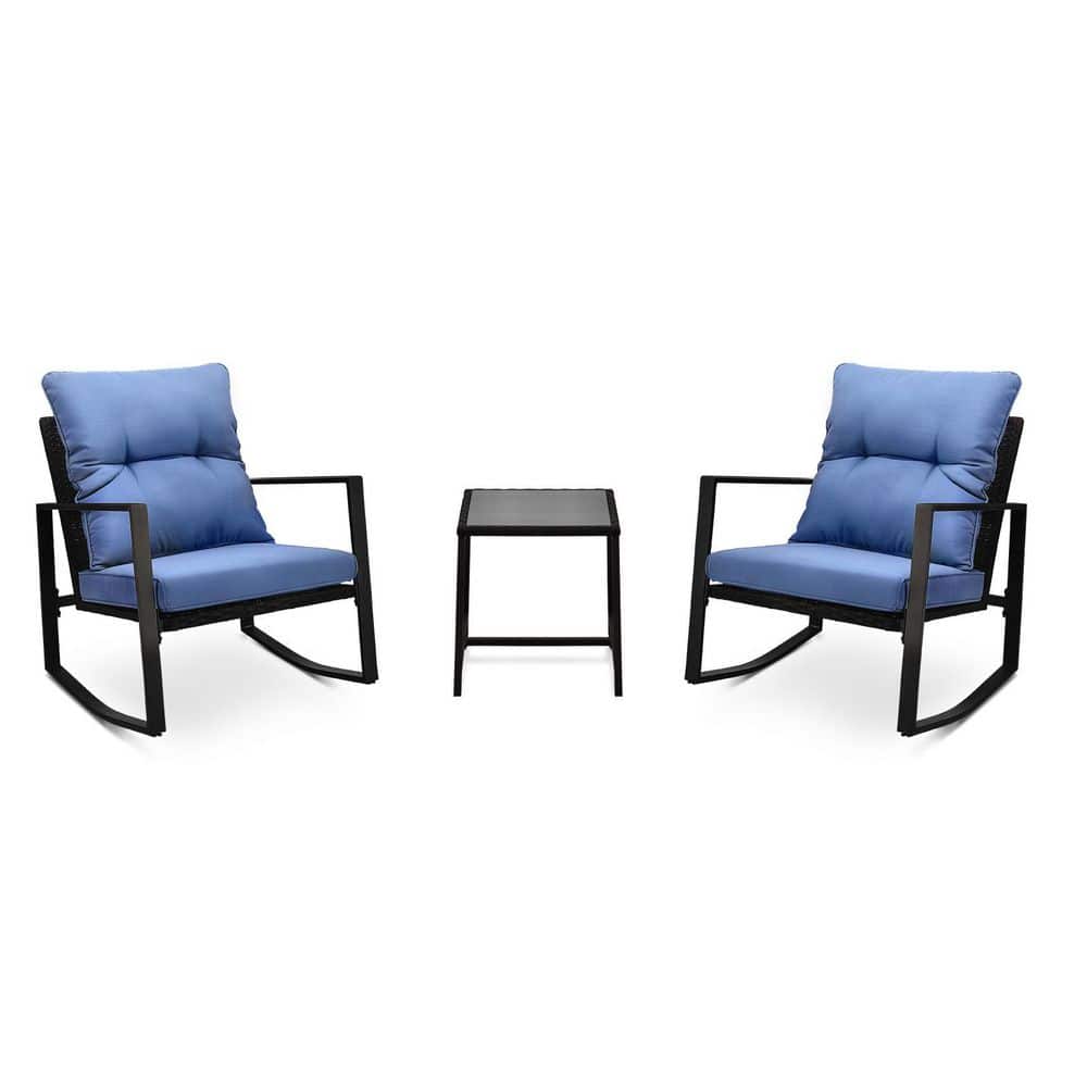 3 Pieces Patio Bistro Set Black Outdoor Rocking Chair with Blue Cushion price history on PriceWatchPro