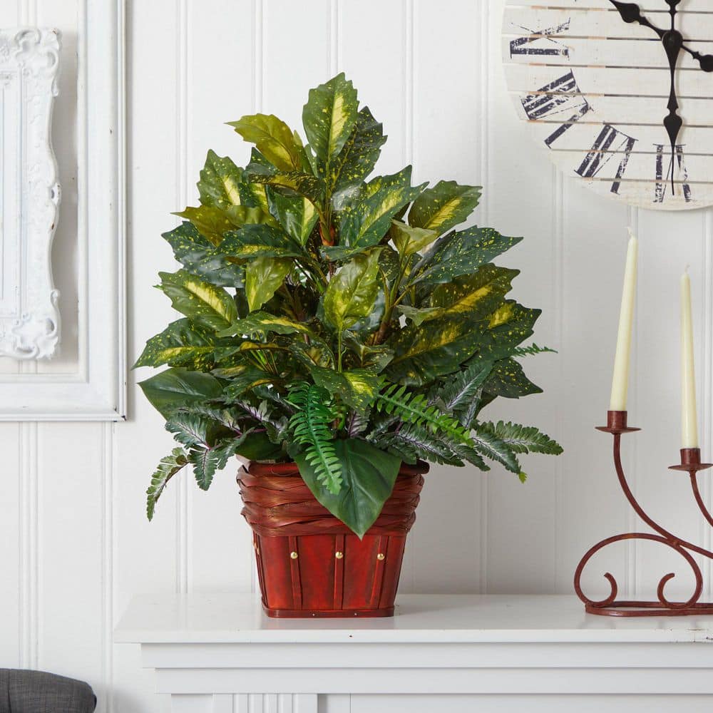 Nearly Natural Green Fern Silk Plant with Wicker Basket