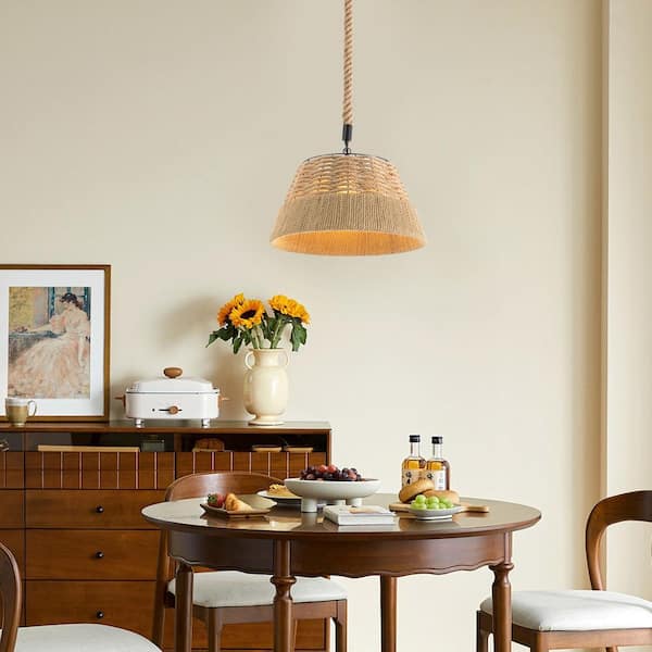 OUKANING 1-Light Wood Rustic Shaded Pendant Light with Woven Hemp
