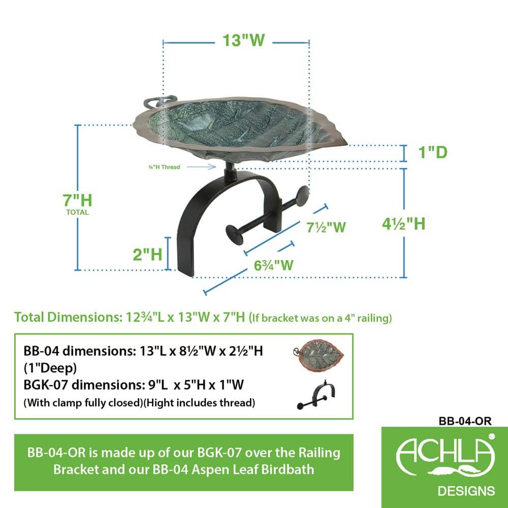 Aspen Leaf Verdigris Metal Birdbath with Rail Bracket