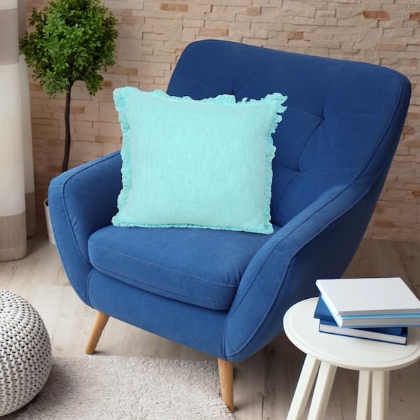 Unbranded Unique Light Blue 20 in. x 20 in. Neutral Fringe Solid Cotton Indoor Throw Pillow
